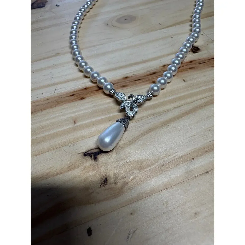 Vintage Faux Pearl CZ Sterling Silver Necklace 925 AU
